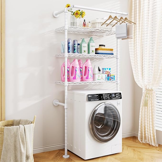 U17 Wall-Mounted Over The Washer Dryer Shelves Without Moving Machines, Laundry Room Rack with Adjustable Shelves and Hanger Rod, 35" W x 22" D x 86.2" H, Holds 352 lbs, White
