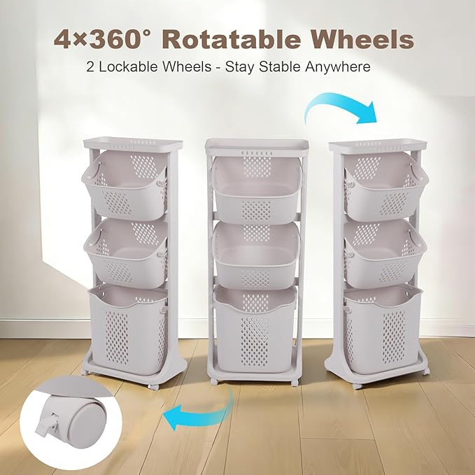 3-Tier Laundry Sorter Cart with Wheels, Large 75L Capacity Hamper Organizer, Rolling Storage with Removable Mesh Bins for Heavy Duty Use in Home, Dorm, Apartment (17.32"x13.1"x42.59")