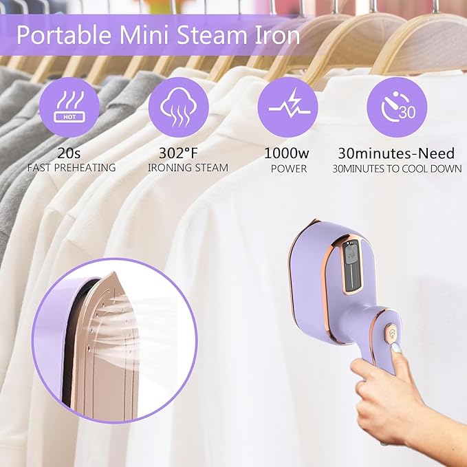 Mini Steam Iron for Clothes, Travel Steamer for Clothes Portable, Micro Steam Iron Mini Handheld Steamer Support Dry And Wet Ironing for Home Travel （Purple）