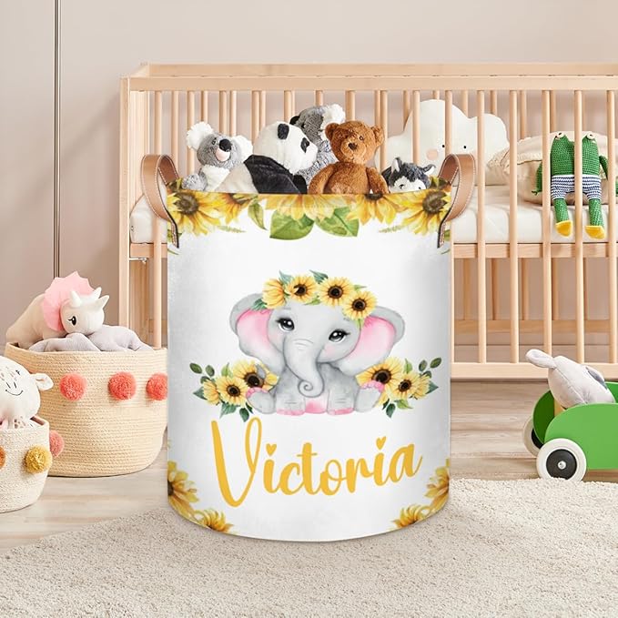 Personalized Laundry Basket, Custom Gift Laundry Hamper, Collapsible Nursery Waterproof Laundry Baskets, Dirty Clothes Toy Hamper with Handles Elephant Sunflower