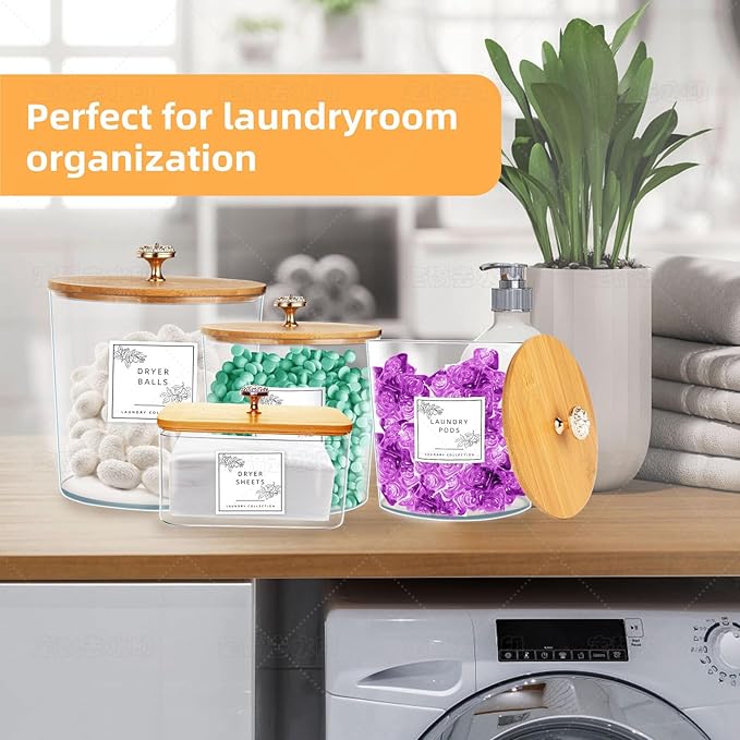 4 Pack Laundry Room Organization Storage Containers Acrylic Jars and Dryer Sheet Holder with Lids and Labels for Laundry Detergent Laundry Pods Containers Dry Sheet Organizing