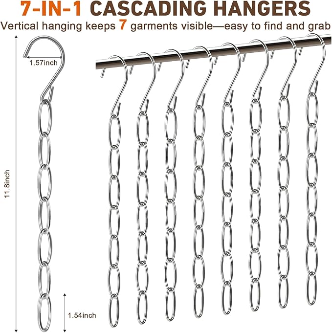 Space Saving Hangers, 8 Pack Metal Clothing Chain Hangers with 7 Holes, Closet Organizer & Cascading Hanger Organizer for Dorm, Home, RV, Wrinkle Reducing, Small Space Storage Solution