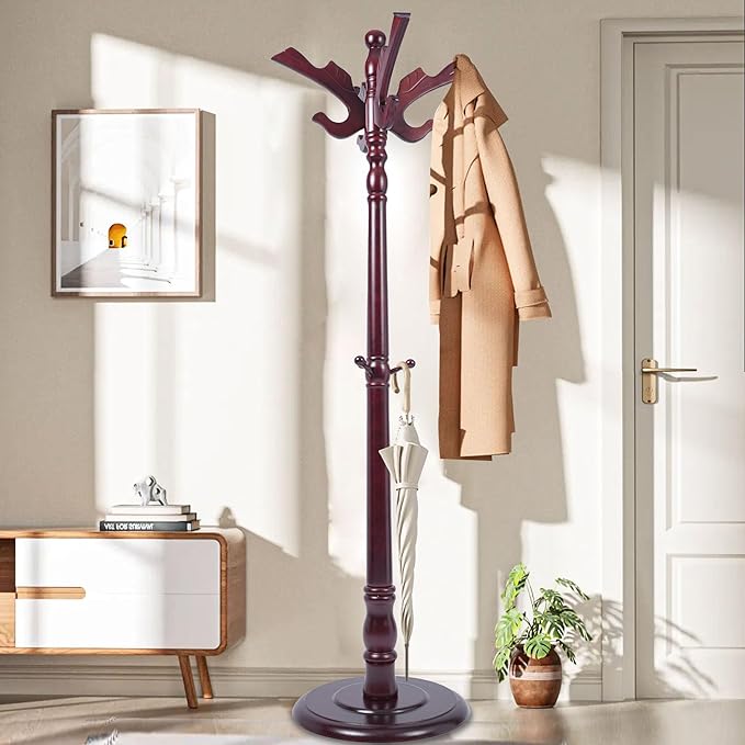 Free Standing Coat Rack with 14 Hooks, Vintage Wooden Coat Tree, Adjustable Height 73 Inches, Retro Coat Stand for Entryway, Living Room, Office & Bedroom (Mahogany) (Flying Swallow, 1 PCS)