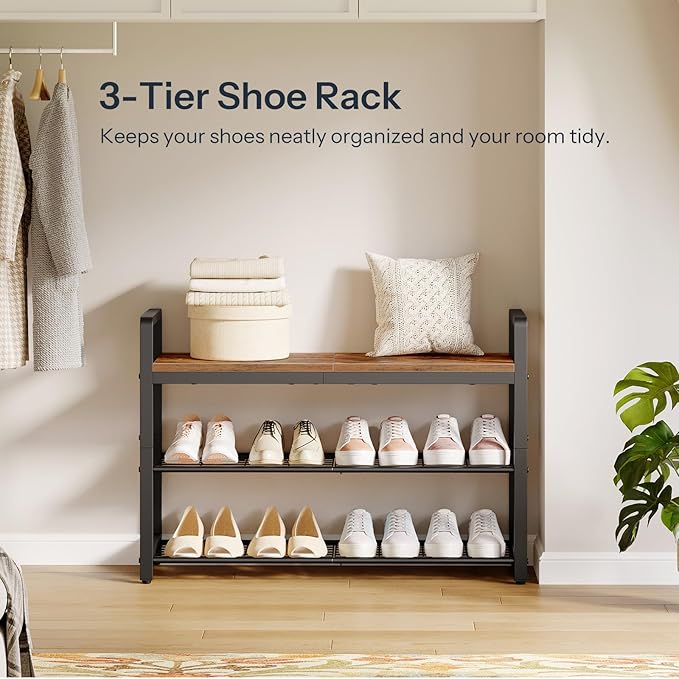 HOOBRO Shoe Bench, 3-Tier Shoe Rack Entryway Bench, 29.5" L Shoe Storage Bench with Metal Handles, Industrial Shoe Organizer for Hallway, Space Saving, Mesh Shelves, Rustic Brown and Black BF32HX01