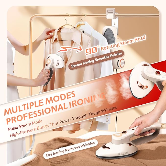Handheld Steamer for Clothes, 1500W Garment Steamer Steam Iron with Large Soleplate, 390ml Detachable Water Tank, 2 Steam Levels/Pulse Steam/Dry Iron, 20s Heat Up, for Apartment/Hotel/Home