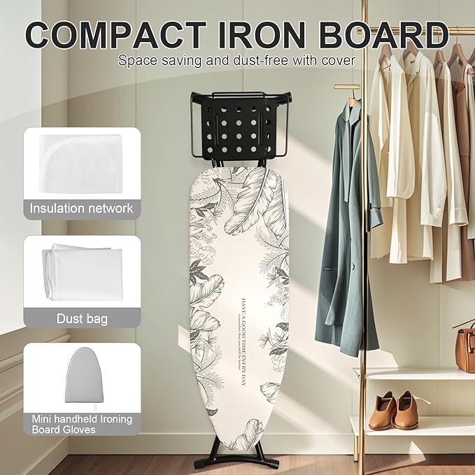 Ironing Board,Foldable Ironing Board Adjustable Height Compact Iron Board Thick Steel Tube Iron Board with Holder,Replacing Cloth Cover and Mini Handheld Gloves, Gift for Women(Leaf Print)