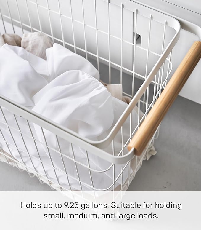 Yamazaki Home Tosca Compact Rolling Laundry Basket Cart - Metal Hamper With Wheels And Handle For Easy Mobility - Space-Saving Storage Solution, 15" - Steel + Wood - 9.2 Gallons, 35L