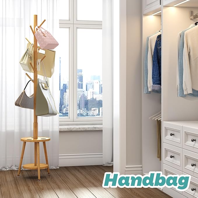 Coat Rack, Bamboo Wood Coat Freestanding with Umbrella Holder, Adjustable Height Coat Stand with 8 Hooks, kids coat rack, Used In The Bedroom Living Room, Office To Hang Clothes, Hats, Bags (Natural)