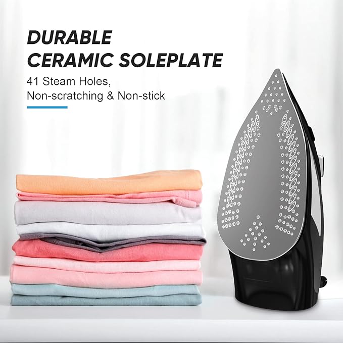 Steam Iron for Clothes Portable Anti Drip Clothes Iron Steam with Non Stick Ceramic Soleplate Auto-Off Self-Cleaning Function Travel Iron with Visible Water Tank for Home (1700W Black)