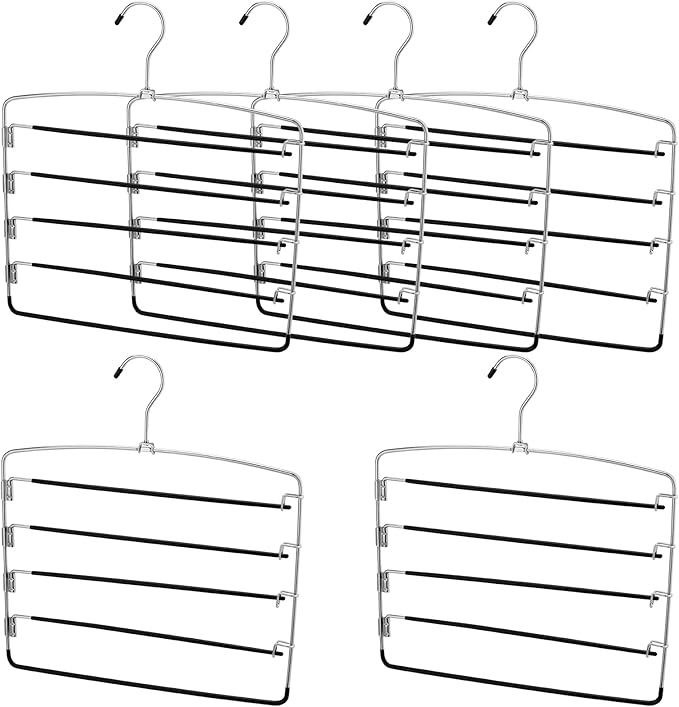 JAPCHET 6 Pack Non Slip Space Saving Pants Hangers - 5 Layers Stainless Steel Swing Arm Clothing Hangers Closet Organizer for Scarfs, Trousers, Ties, Black
