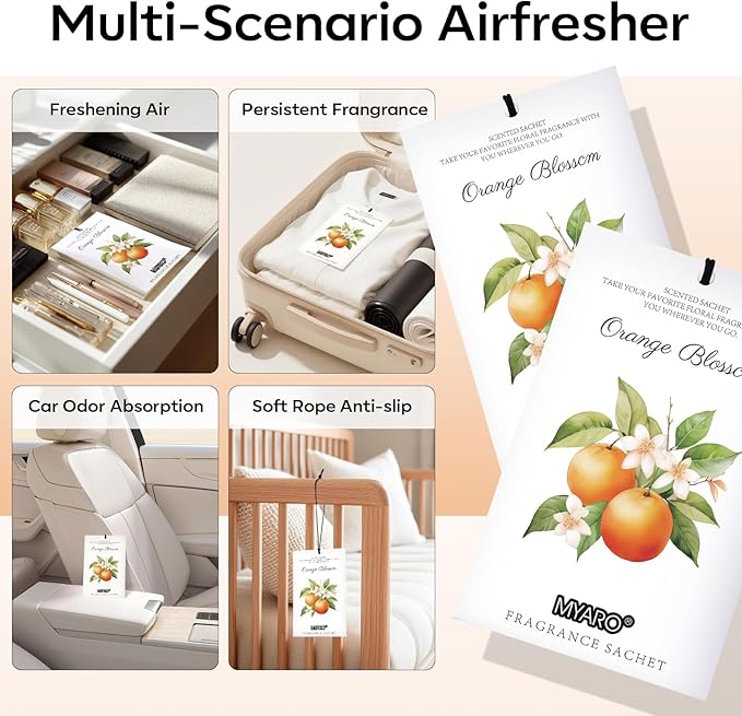 MYARO 12 Packs Orange Scent Sachets for Closet Dresser Drawer Bathroom Odor Deodorizer Car Air Frehener Fresh Home Fragrance