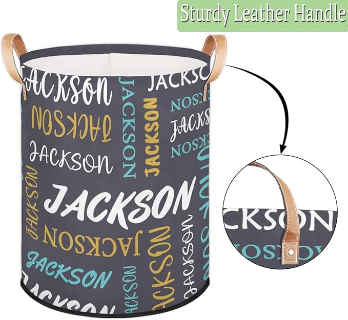 Custom Name Large Laundry-Basket for Kids-Boys-Girls, Personalized Foldable Waterproof Laundry Hamper Dirty Clothes Toys Storage Bin with Handles,Grey