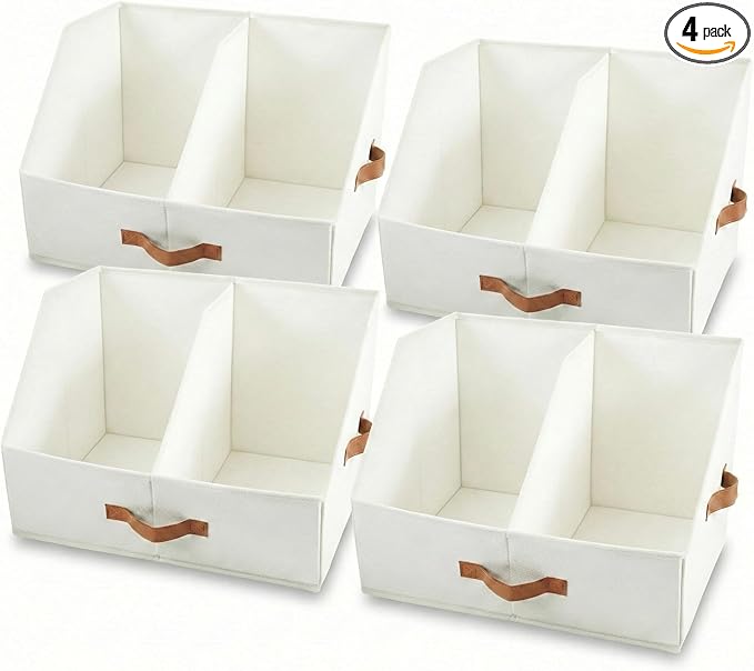 Trapezoid Storage Bin - EXTRA LOAD & HEIGHT FOR DEEP Closet Organizers And Storage W/ Handles & Adjustable Dividers, Collapsible Storage Bins For Clothes Storage & Shelf Organizer (4pcs, Large, Ivory)