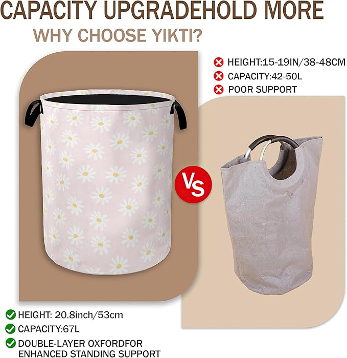 Pink Daisy Flower Laundry Hamper,Spring Floral Clothes Hamper for Laundry,Waterproof Oxford Toy Storage Collapsible Hampers for Bedroom, Dorm Room,Bathroom,16x20 Inch