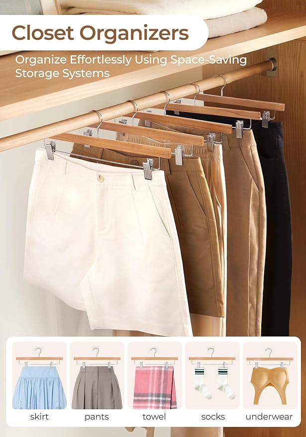 SMARTOR Natural Wooden Pants Hangers 20 Pack, Heavy Duty Skirt Hanger with 2-Adjustable Clips, Space Saving Shorts Hanger with 360°Swivel Hook, Essential College Dorm Hangers for Jeans, Trousers