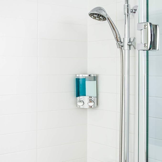 Better Living EURO Shower Dispenser Wall Mount Shower Soap Dispenser for Bathroom Hotel Body Wash, Corner or Flat Wall Shower Shampoo Dispenser, Built-in Hooks, 2 x 10.5 oz, Chrome, 2-Chamber