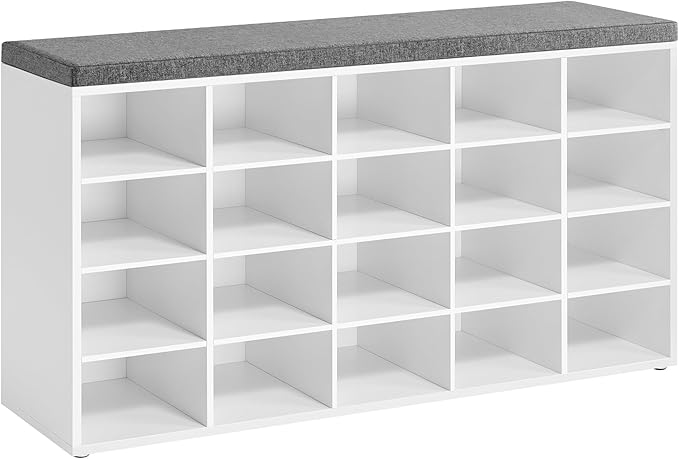 VASAGLE Custos Collection - Shoe Bench, Storage Bench with Padded Seat, Entryway Bench with 20 Compartments, for Bedroom, 12 x 47.2 x 24.7 Inches, Cloud White and Dove Gray