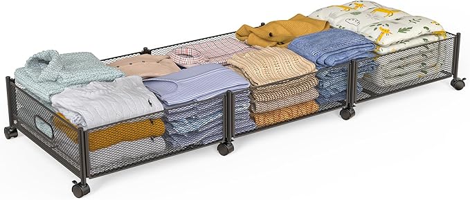 Under Bed Storage With Wheels, 47.2''/90lbs/57.6L, Metal Frame Under Bed Rolling Storage, Tool-Free Assembly Underbed Drawers, Underbed Organizer Containers for Shoes, Clothes and Toys