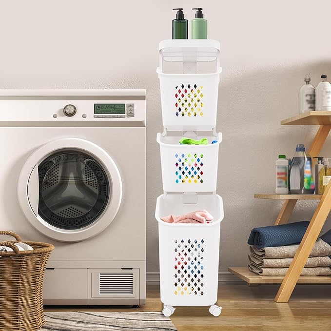 3 Tiers Rolling Laundry Hamper, White Plastic Laundry Basket Holder with Wheels, Vertical Laundry Hamper Sorter Cart, Rolling Clothes Hamper Organizer for Bathrooms Bedrooms