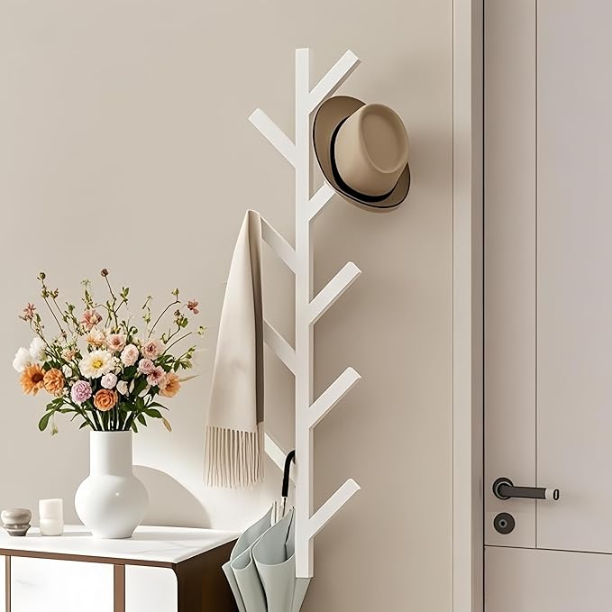 2 Pack Vertical Coat Rack Wall Mounted - 9 Hooks, Coat Hooks for Wall, Modern Metal Coat Tree for Hats, Jackets, Bags, Entryway Bedroom-White (Height 37.8")