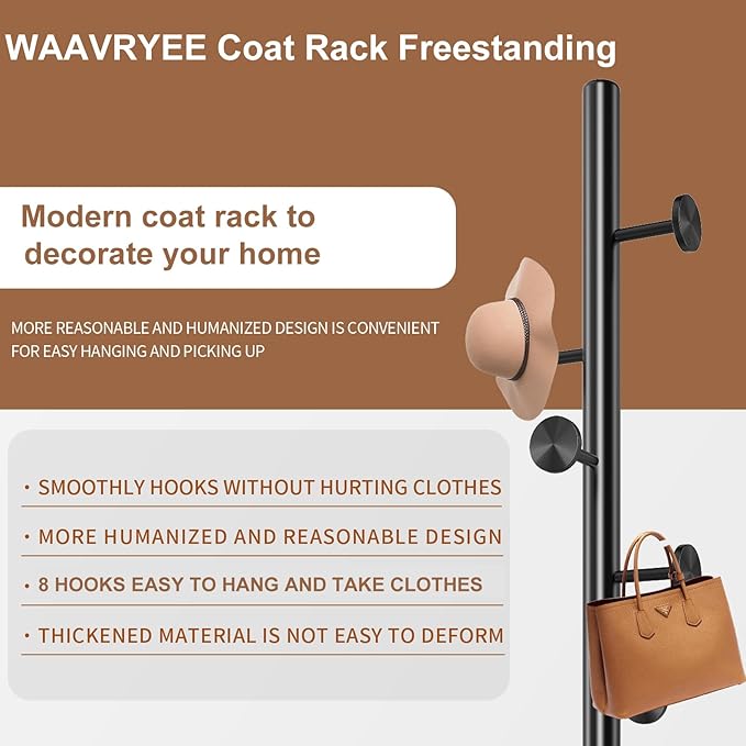 Modern Metal Coat Rack Stand, Coat Rack Freestanding with Natural Marble Base, Sturdy Heavy Duty Coat Racks with 8 Hooks, Black Coat Hall Tree Stand for Entryway, Office