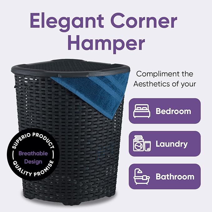 Plastic Corner Laundry Hamper with Lid, Curved Designed Laundry Basket, Triangle Black Cloths Hamper Organizer with Cut-out Handles for Laundry Room Bedroom Bathroom, Wicker Design, 50 Liter
