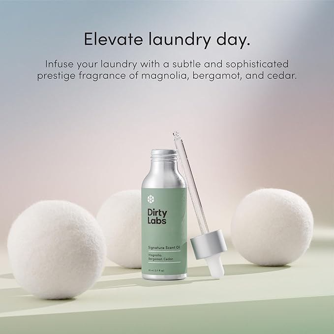 Dirty Labs | Signature Scent | Laundry Fragrance Oil and Glass Dropper | 80mL (2.7 fl oz) | Magnolia, Bergamot, and Cedar Blend | Laundry Scent Booster | Pairs with Dryer Balls | Hypoallergenic