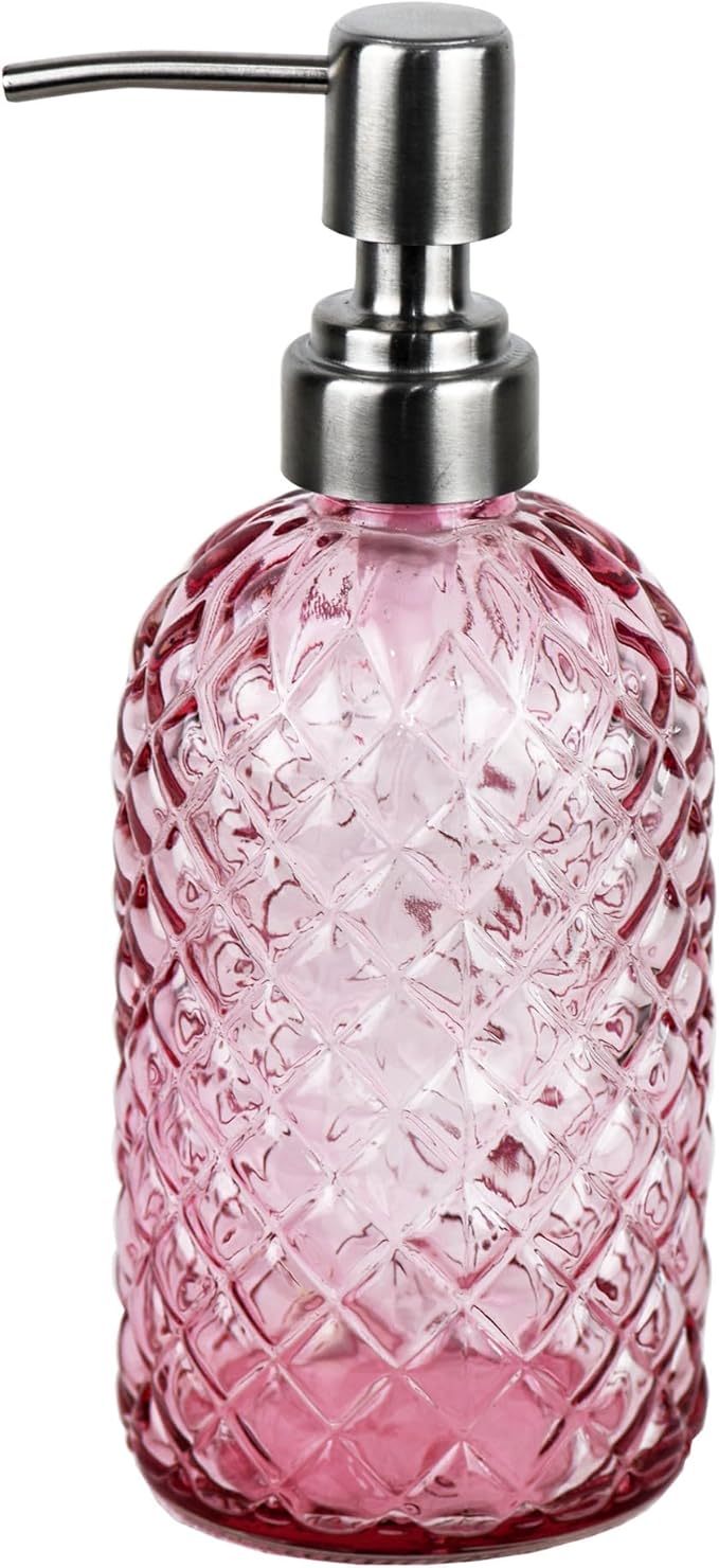 Funly mee Bathroom & Kitchen Glass Hand and Dish Soap Dispenser with 304 Rustproof Stainless Steel Pump (Pink)