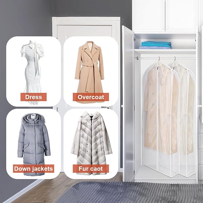 Zilink Breathable Leather Jacket Coat Storage Bags 60” Dress Bags for Gowns Long Dust Covers for Hanging Clothes with 7" Gussted Wrinkle Free for Leather Jacket Fur Coat Puffy Dress Storage, Set of 4
