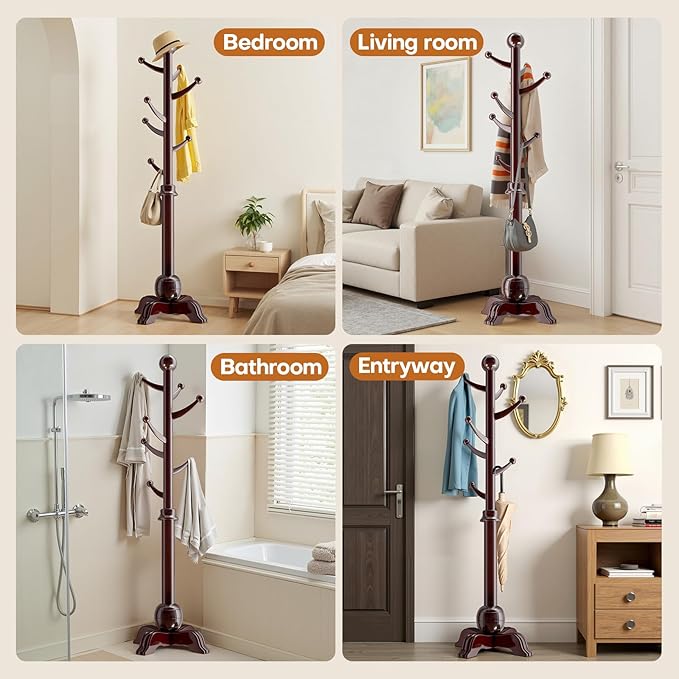Hall Tree, Freestanding Wood Tree Rack with 7 Hooks, Coat Rack with Stable Sphere Base, Wooden Coat Rack Stand, Load 210 lb, Coat Hanger Stand for Entryway, Hallway, Bedroom (Black-Red)