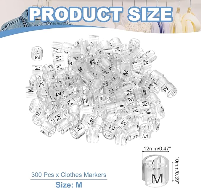 PATIKIL 300 Pcs Clothes Hanger Markers M Fit Rod Garment Size Tag Hanger Clips Round Color Coding Label for Clothing, Clear