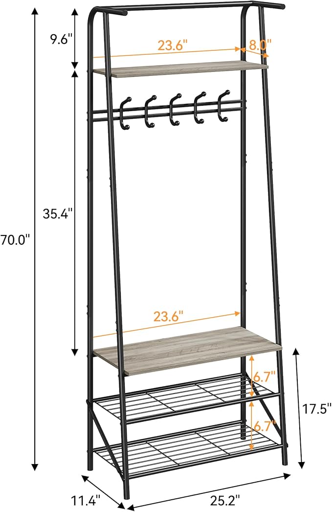Coat Rack Shoe Bench with Single-Row 5 Hooks 60cm Width, 3-Tier Shelf Entryway Hall Tree with Storage, Metal Frame Multifunctional Organizer, 4-in-1 Coat Rack for Bathroom, Hallway.Grey.