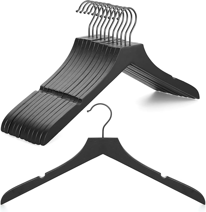 TOPIA HANGER Black Wooden Hangers, Rubber Wood Clothes Hangers with Rotatable Black Hook and Smooth Cut Nothces, Set of 12 for Coats, Suits, Jackets, Sweaters, Dresses - CTS01B