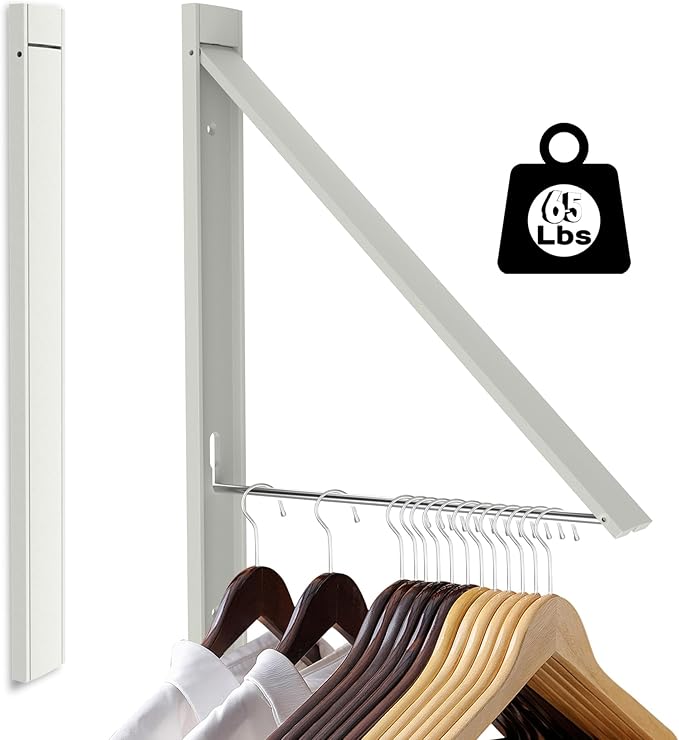 Wall Mounted Drying Rack - Retractable Aluminum Clothes Hanger, No Drill Space Saving Laundry Organizer, 65 lbs Capacity (White)