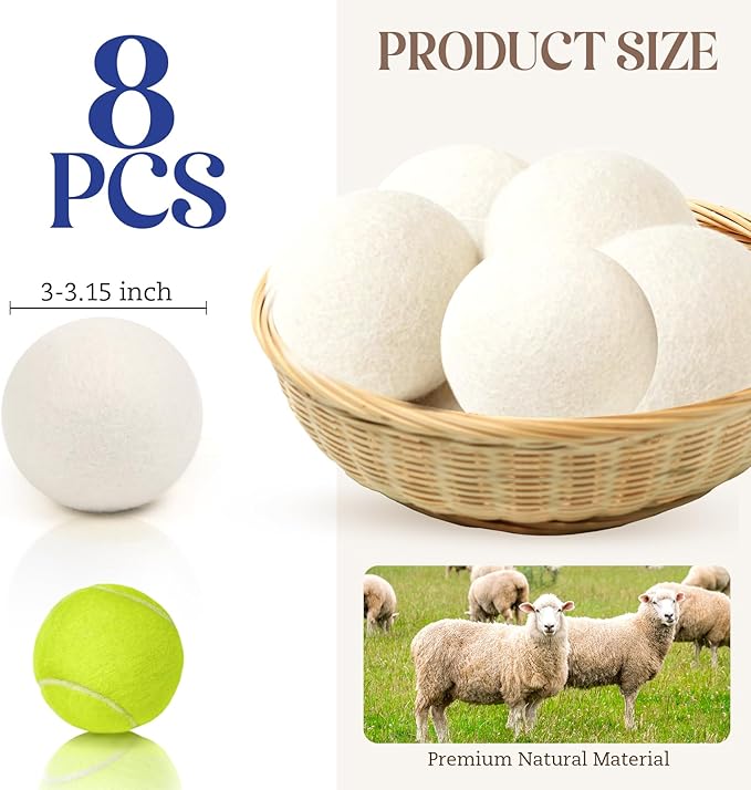 Wool Dryer Balls, New Zealand Dryer Balls Laundry Reusable Reduce Static Cling, Dryer Ball to Reduce Wrinkles & Shorten Drying Time, Drying Balls Fabric Softener Ball for Laundry（Pack of 8 XL)