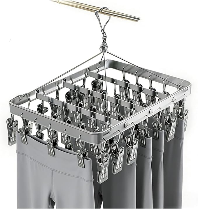 Clothes Drying Racks Clip Hangers Metal with 36 Clips Windproof Hook Underwear Hanger Foldable Laundry Clip for Socks Bras (Silver)