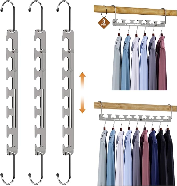 3 Pack Space Saver Hangers for Clothes, 6 Holes Expandable to 9 Holes 304 Stainless Steel Heavy Duty Multi Hangers Space Saving for Closet Bedroom Dormitory RV Outdoors
