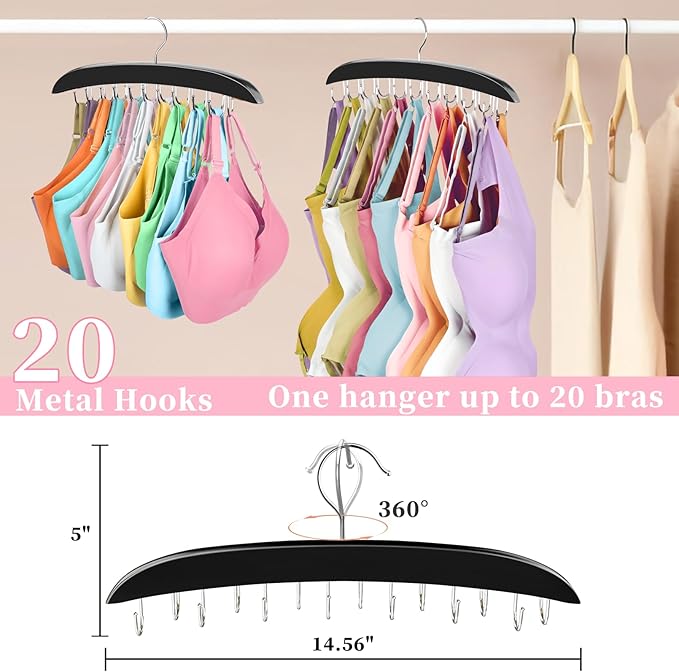 2 Pack Bra Organizer for Closet, 360° Rotating Bra Hanger Space Saving w/20 Foldable Metal Hooks, Tank Top Hanger Closet Organizers and Storage for Camisoles/Tank Tops/Bras/Belts/Scarves Black