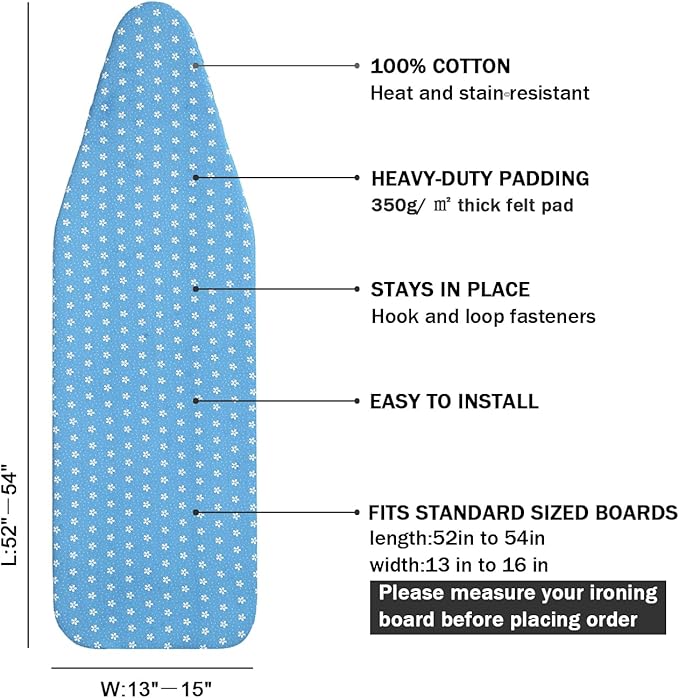 Ironing Board Cover and Pad Standard Size 15 x 54,3 Pairs of Hook and Loop Fastener Straps,Elastic Edges,Cotton Iron Board Cover with Scorch Resistant Thick Padding (Pattern D)