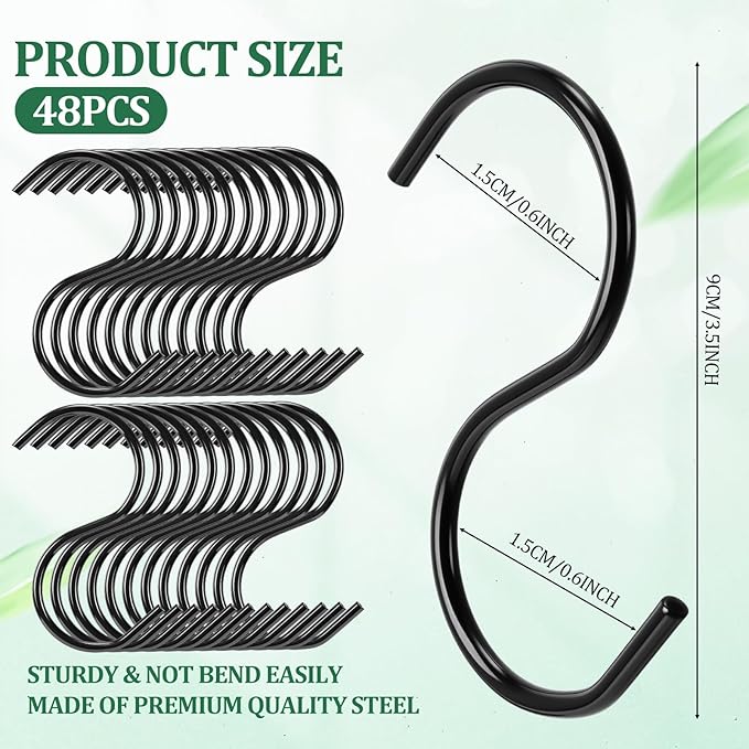 48 Pack 3.5 Inch Small S Hooks for Hanging Plants, Mini Black Metal Hangers for Kitchen Cups Mugs Utensils Jewelry DIY Crafts Vinyl Coated Non-Slip Utility Hooks