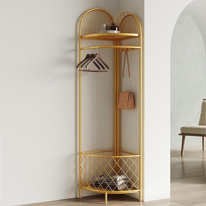 corner coat rack,corner hall tree,metal clothes rack,gold clothing rack with storage basket and hooks for bedroom,living room,entryway.corner storage rack for clothes.