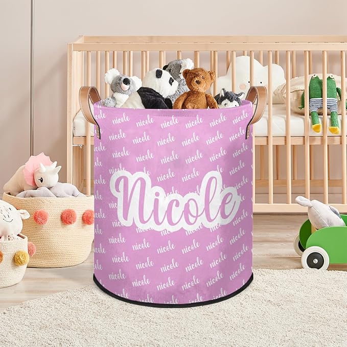 Custom Name Laundry-Hamper, Personalized Pink Kids-Clothes-Hamper Foldable with Name, Customized Storage Basket with Handles Waterproof Gift for Boys Girls Baby Women