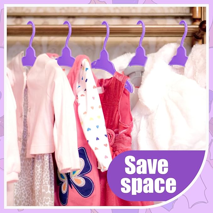Soulchen 100 Pcs Doll Clothes Hangers for 18 Inch Dolls, Plastic Clothes Hangers with Non-Slip Clips, Space-Saving Wardrobe Accessories for Gown Dress Outfit (Purple)