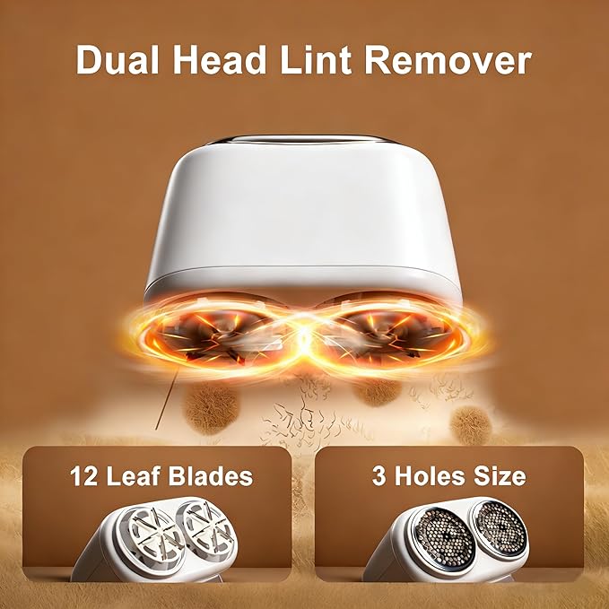 Fabric Shaver Lint Removers Rechargeable Sweater Shaver with Dual Head & LCD Display for Clothes Couch Pilling Furniture, 6-Leaf Blades Defuzzer, White, 1 Piece.