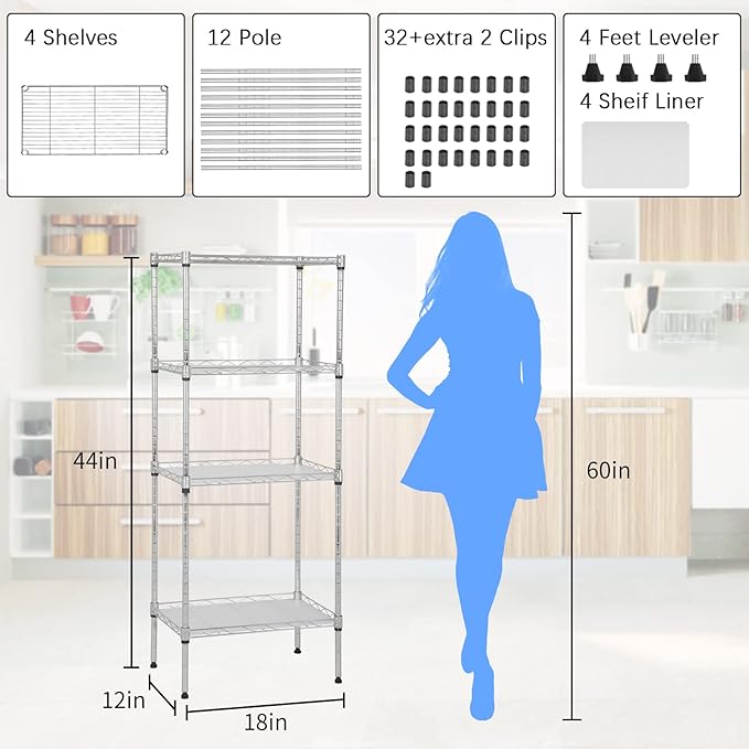 YRLLENSDAN Wire Shelving Unit with PP Liners, 4 Tier Metal Storage Shelves for Laundry Room Organization, Closet Shelf Organizer, Kitchen Rack, Garage Storage, Chrome, 18" x 12" x 44" ﻿
