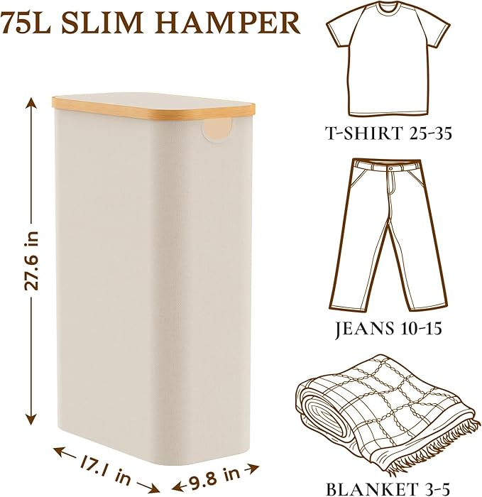 Laundry Basket with Lid, 75L Slim Laundry Hamper with Removable Bag, Travel Dirty Clothes Basket with Bamboo Handles for Bathroom, Bedroom & Laundry Room, Beige