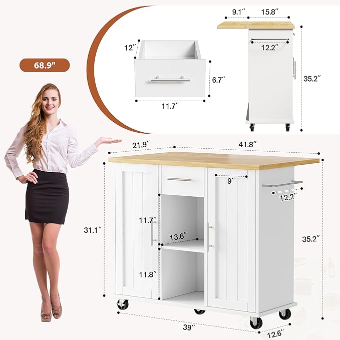 JY QAQA 42" Kitchen Island with Storage on Wheels, Rolling Table with Drop Leaf, Drawers, Cart Handle for Towel Rack or Free Movement, White
