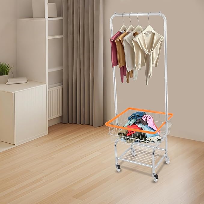 Laundry Cart,Steel Wire Laundry Cart,Laundry Basket With Wheels,Commercial Laundry Basket Cart Heavy Duty with Rod Rack 19.69x15.75x70.87in (D)