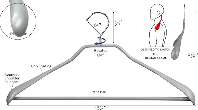 Mawa by Reston Lloyd BodyForm Series Style 42/LS, Non-Slip Steel Clothing Hanger for Suits, Dresses, & Shirts, 1½ inch Wide Shoulder Support and Pant Bar, Set of 60, Silver