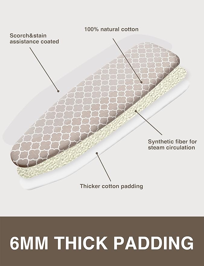 Ironing Board Cover and Pad 15"x54" Extra Thick Natural Cotton, Scorch and Stain Resistant Padding, Standard Size Iron Board Cover with Fasteners Heavy Duty Elastic Edge, Heatproof